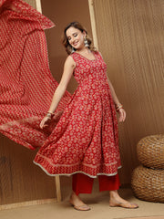 Stylum Women's Floral Printed Cotton Anarkali Kurta Palazzo Dupatta Set (KPDREDDAMAN)