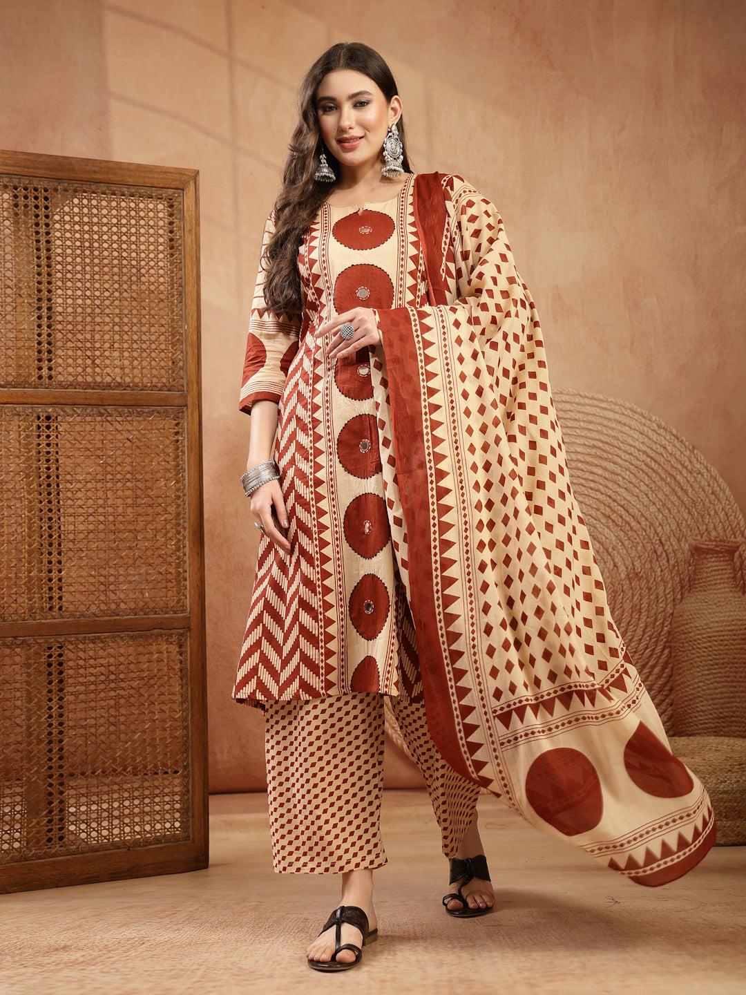 Women's Red Printed Cotton A-Line Kurta Palazzo Dupatta Set (KPDREDDIM