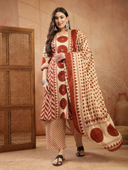 Stylum Women's Red Printed Cotton A-Line Kurta Palazzo Dupatta Set (KPDREDDIMI)