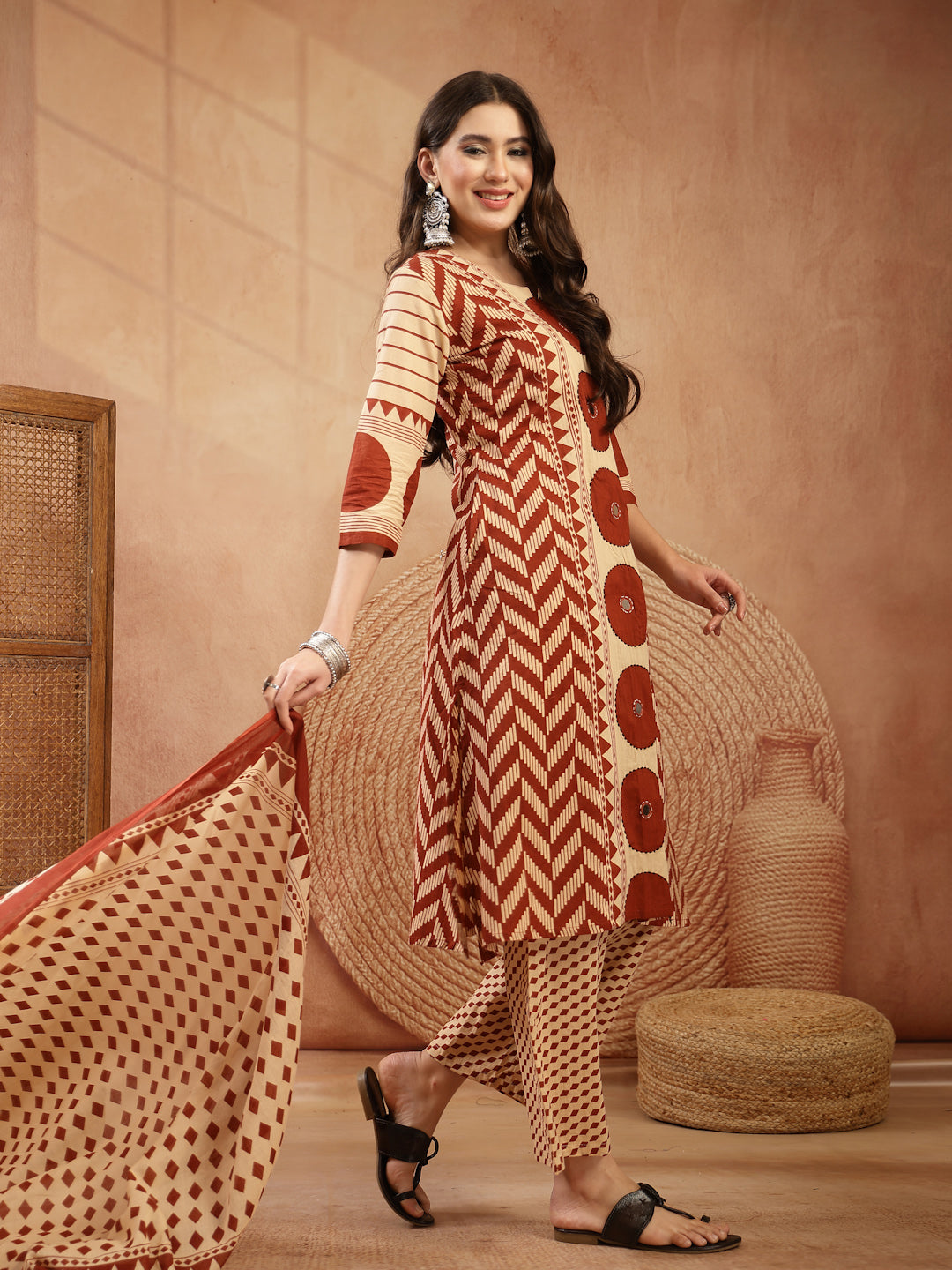 Women's Red Printed Cotton A-Line Kurta Palazzo Dupatta Set (KPDREDDIM