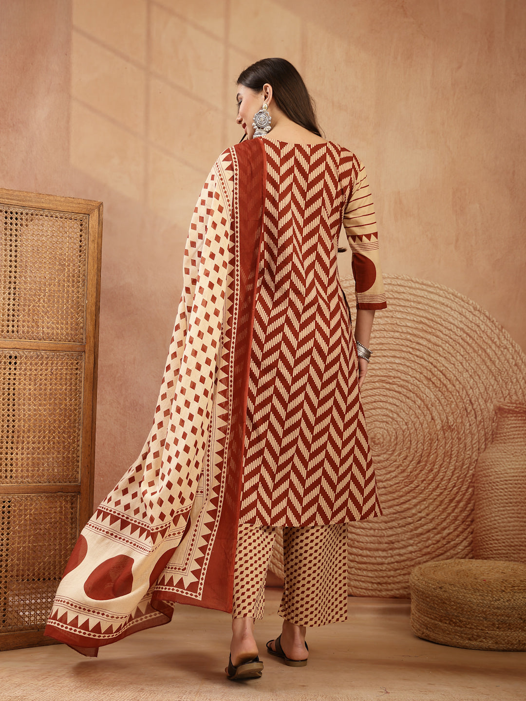 Women's Red Printed Cotton A-Line Kurta Palazzo Dupatta Set (KPDREDDIM