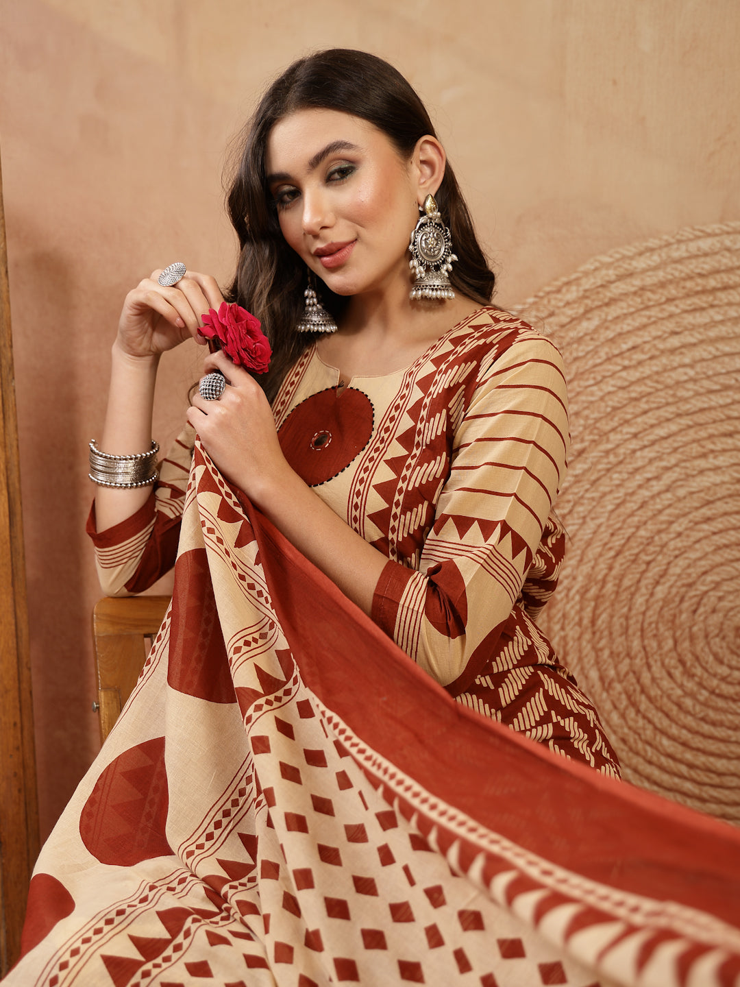 Women's Red Printed Cotton A-Line Kurta Palazzo Dupatta Set (KPDREDDIM