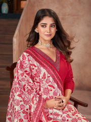 Women's Red Solid & Embroidered Silk Blend Straight Kurta Pant Dupatta Set-KPDREDMINATI