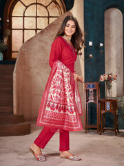 Women's Red Solid & Embroidered Silk Blend Straight Kurta Pant Dupatta Set-KPDREDMINATI