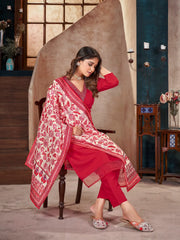 Women's Red Solid & Embroidered Silk Blend Straight Kurta Pant Dupatta Set-KPDREDMINATI