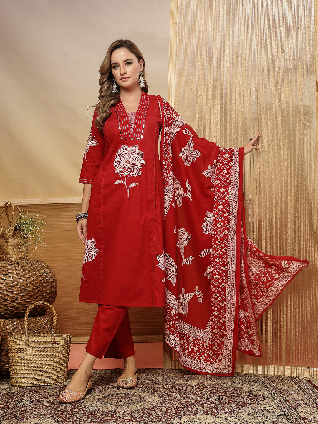 Women's Red Solid & Embroidered Cotton A-Line Kurta Pant Dupatta Set (