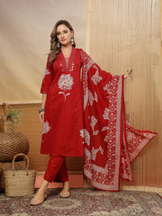 Stylum Women's Red Solid & Embroidered Cotton A-Line Kurta Pant Dupatta Set (KPDREDMUSAFIR)