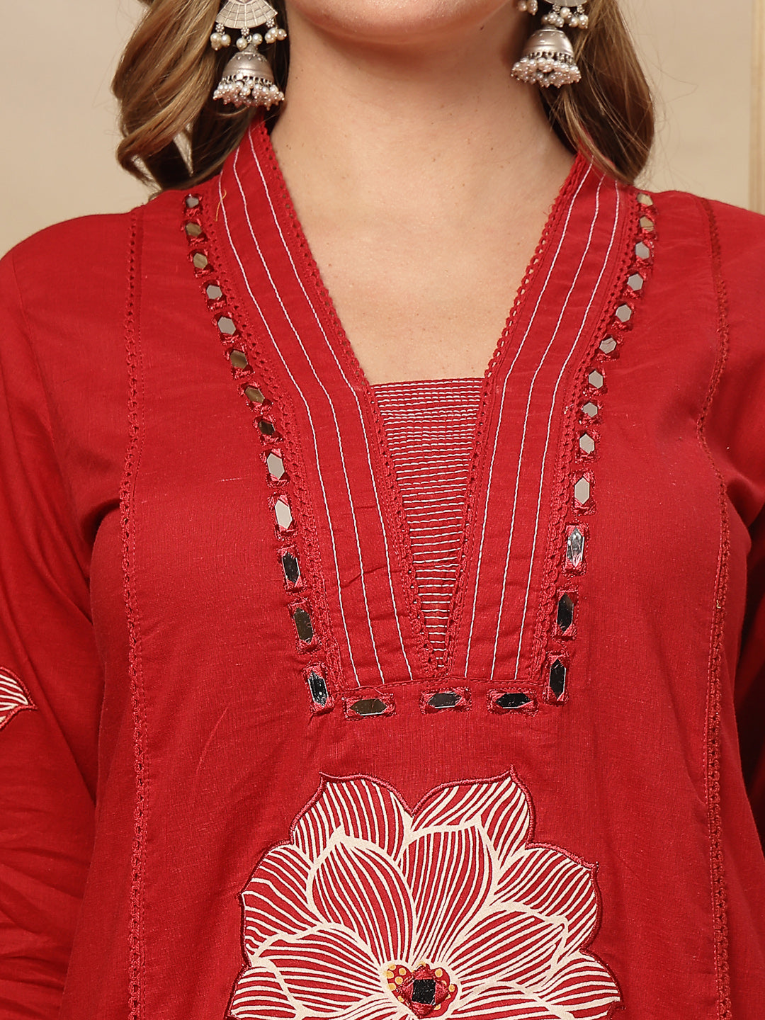 Women's Red Solid & Embroidered Cotton A-Line Kurta Pant Dupatta Set (