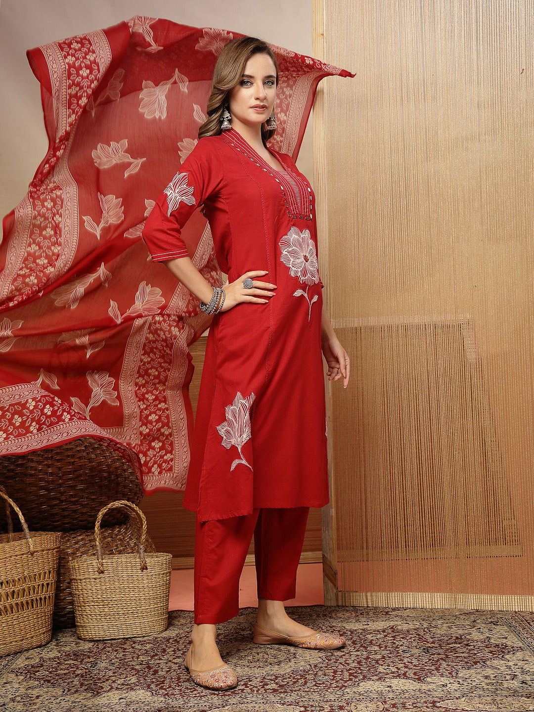 Women's Red Solid & Embroidered Cotton A-Line Kurta Pant Dupatta Set (
