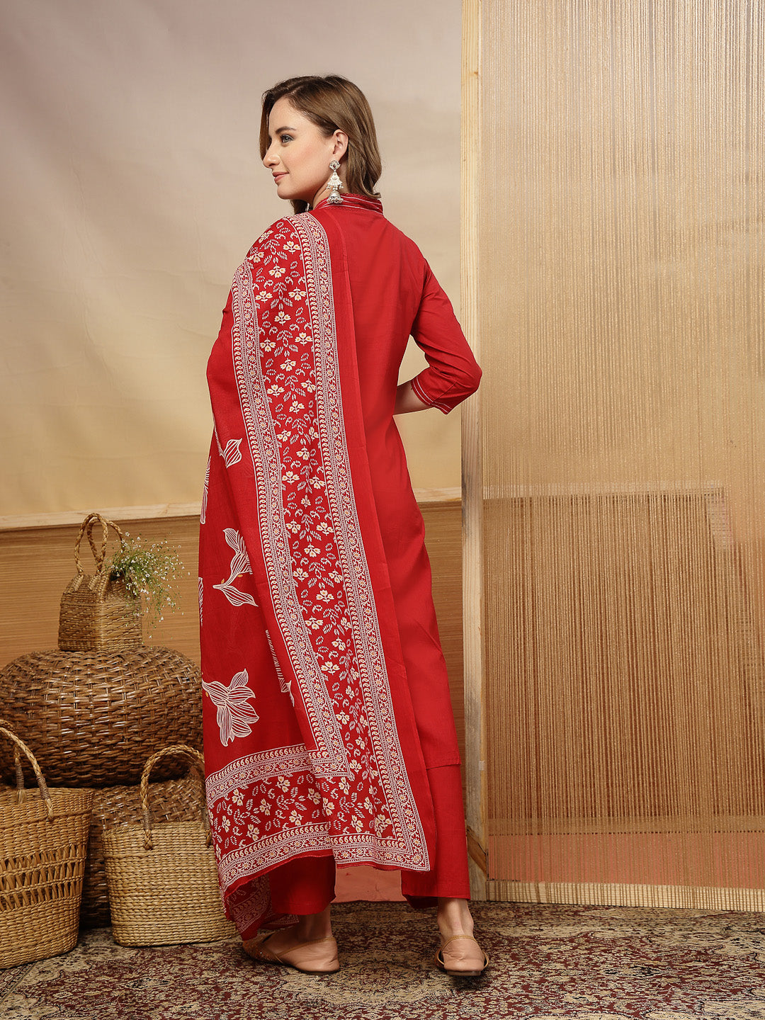 Women's Red Solid & Embroidered Cotton A-Line Kurta Pant Dupatta Set (