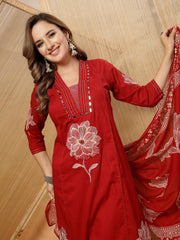 Stylum Women's Red Solid & Embroidered Cotton A-Line Kurta Pant Dupatta Set (KPDREDMUSAFIR)