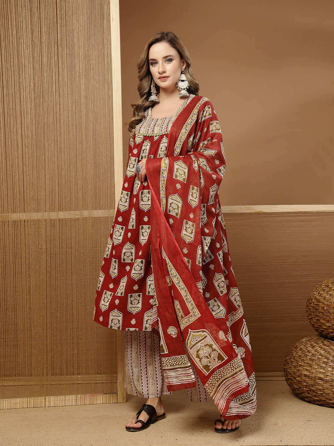 Women's Red Ajrakh Printed Cotton A-Line Kurta Palazzo Dupatta Set (KP