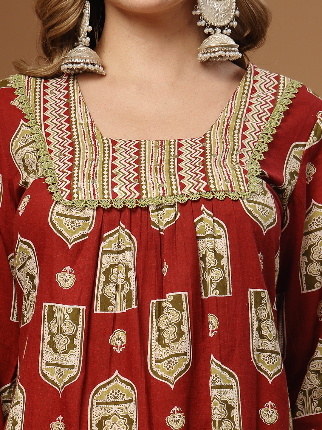 Women's Red Ajrakh Printed Cotton A-Line Kurta Palazzo Dupatta Set (KP