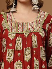 Stylum Women's Red Ajrakh Printed Cotton A-Line Kurta Palazzo Dupatta Set (KPDREDPULSE)