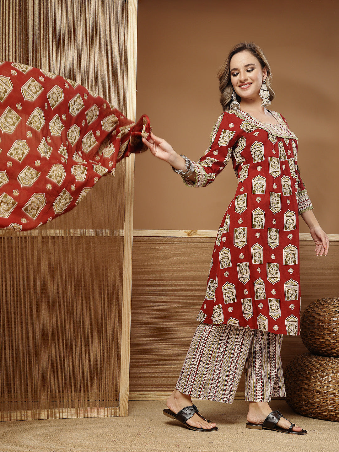 Women's Red Ajrakh Printed Cotton A-Line Kurta Palazzo Dupatta Set (KP