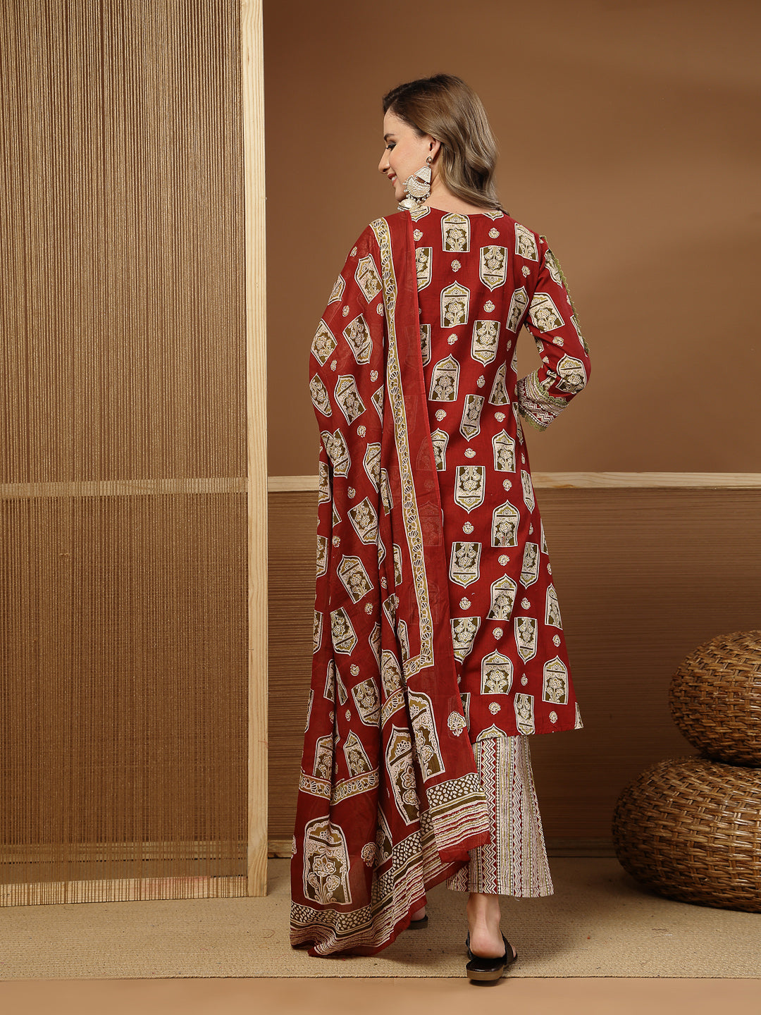 Women's Red Ajrakh Printed Cotton A-Line Kurta Palazzo Dupatta Set (KP