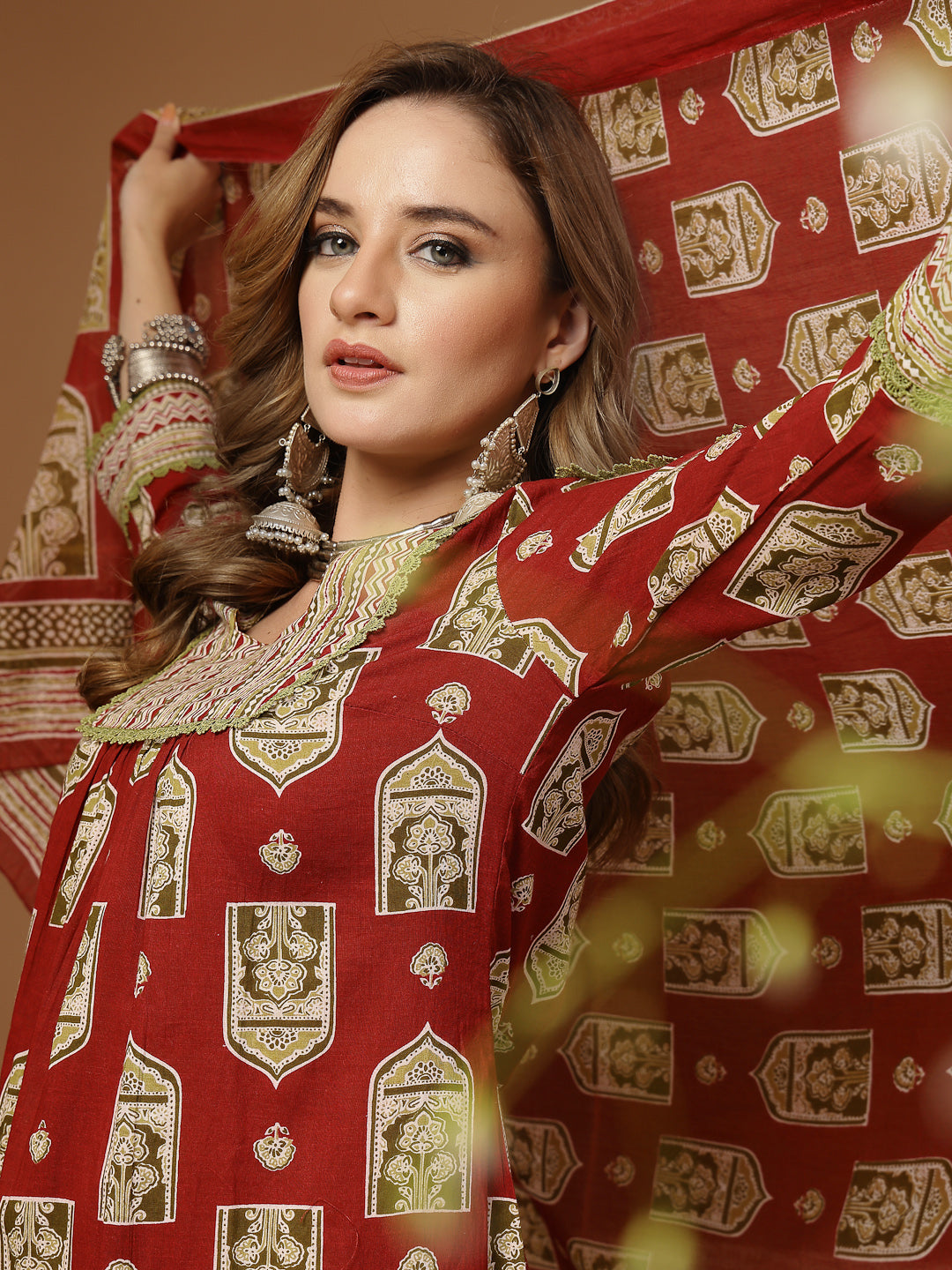 Women's Red Ajrakh Printed Cotton A-Line Kurta Palazzo Dupatta Set (KP