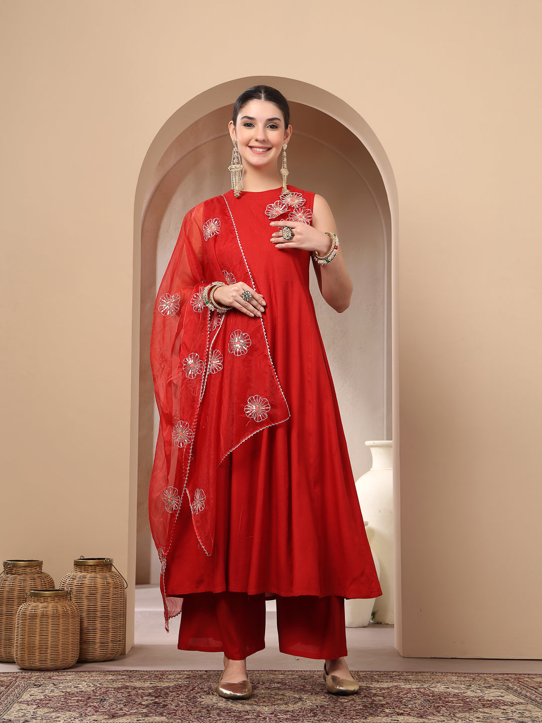 Stylum Women's Red Solid & Embellished Rayon Flared Kurta Palazzo Dupatta Set (KPDREDPURVI)