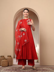Stylum Women's Red Solid & Embellished Rayon Flared Kurta Palazzo Dupatta Set (KPDREDPURVI)