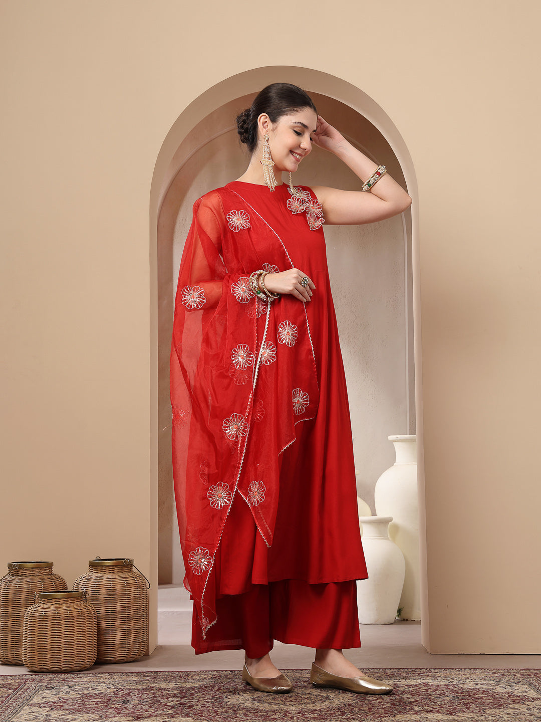 Stylum Women's Red Solid & Embellished Rayon Flared Kurta Palazzo Dupatta Set (KPDREDPURVI)