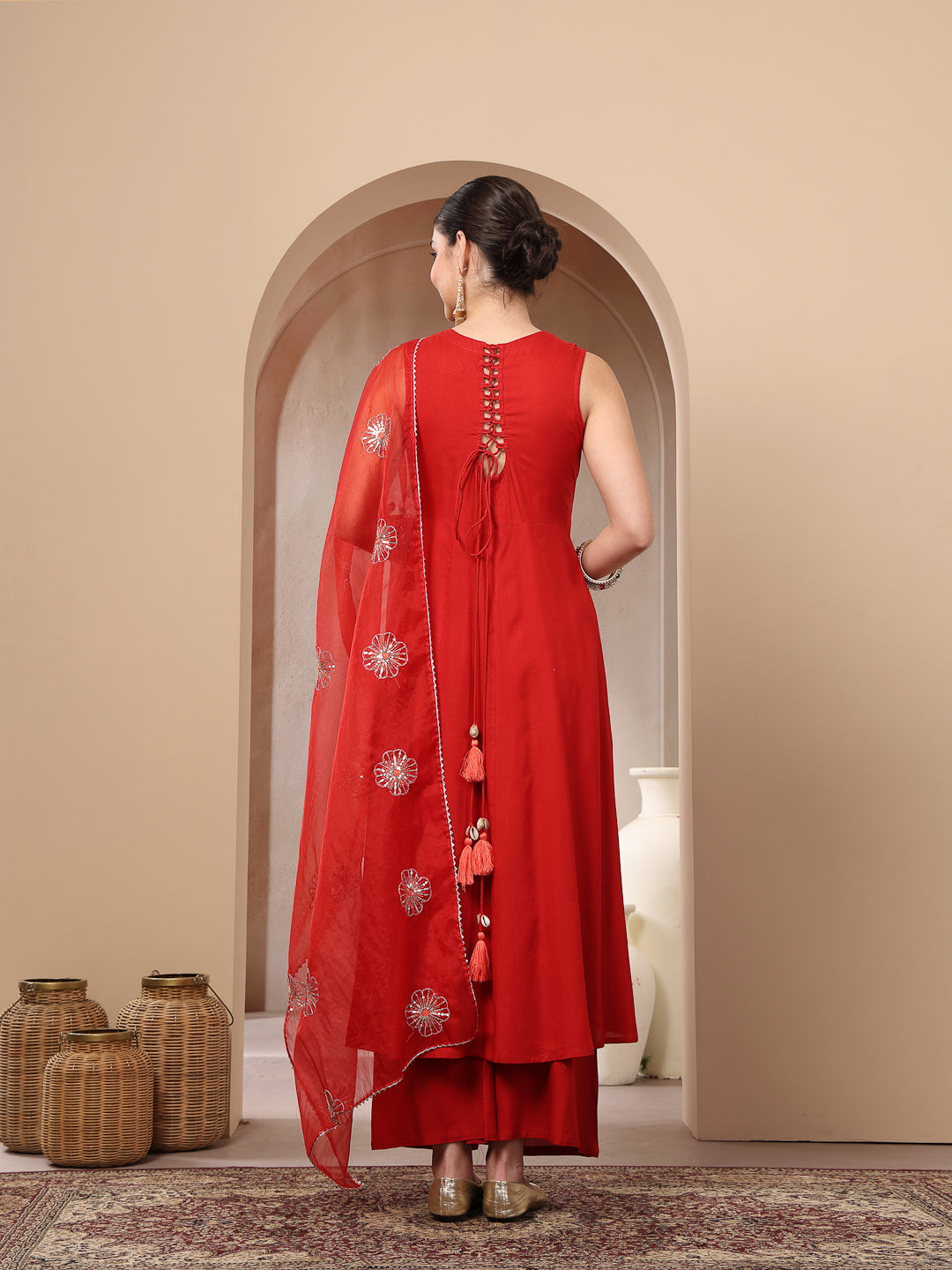 Stylum Women's Red Solid & Embellished Rayon Flared Kurta Palazzo Dupatta Set (KPDREDPURVI)