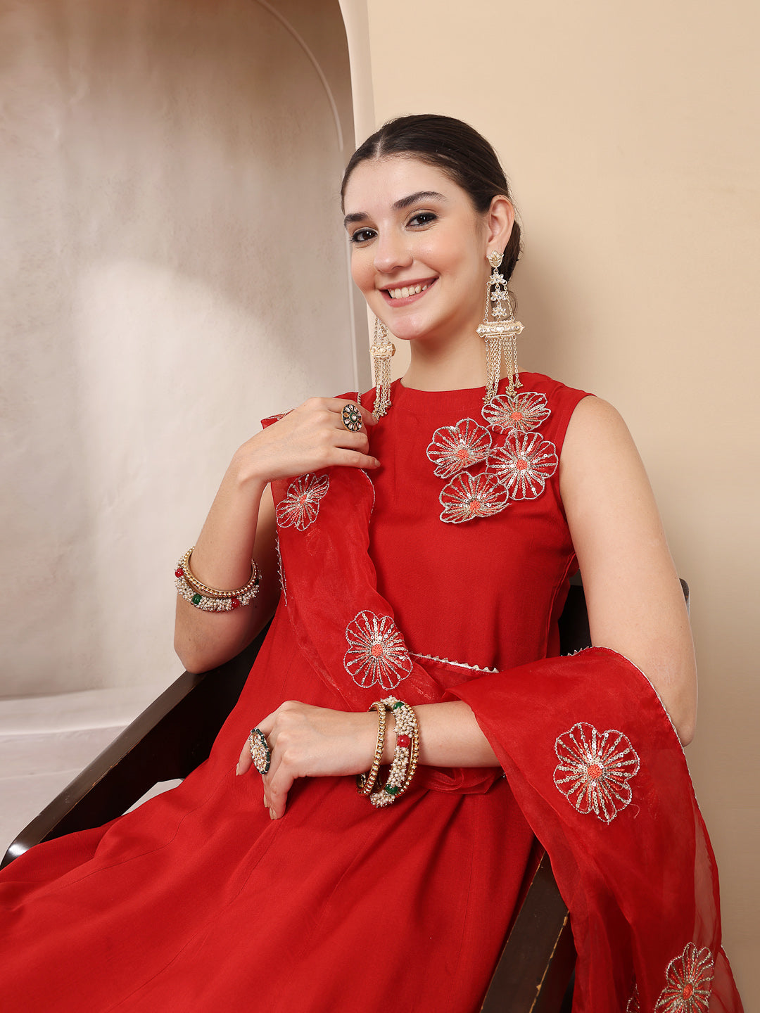 Stylum Women's Red Solid & Embellished Rayon Flared Kurta Palazzo Dupatta Set (KPDREDPURVI)