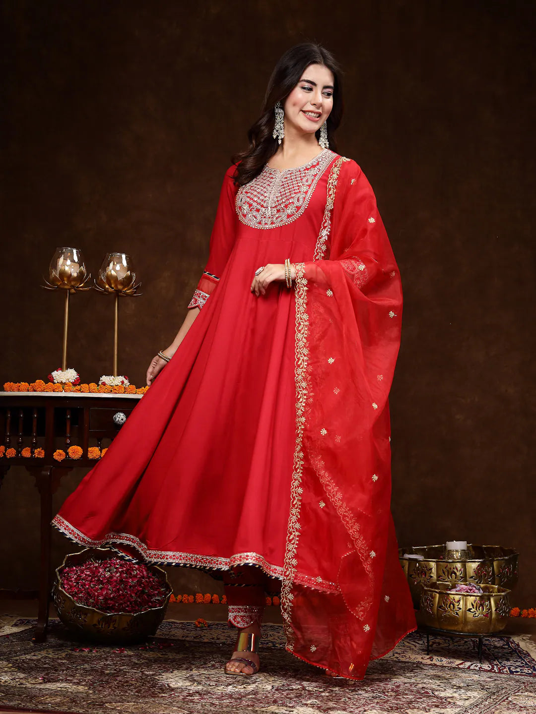 Red Embroidered Anarkali Kurta Set | Women's Indian Kurta Sets