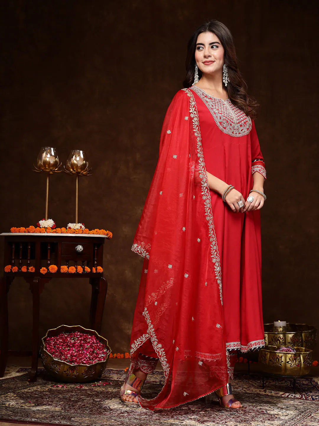 Red Embroidered Anarkali Kurta Set | Women's Indian Kurta Sets