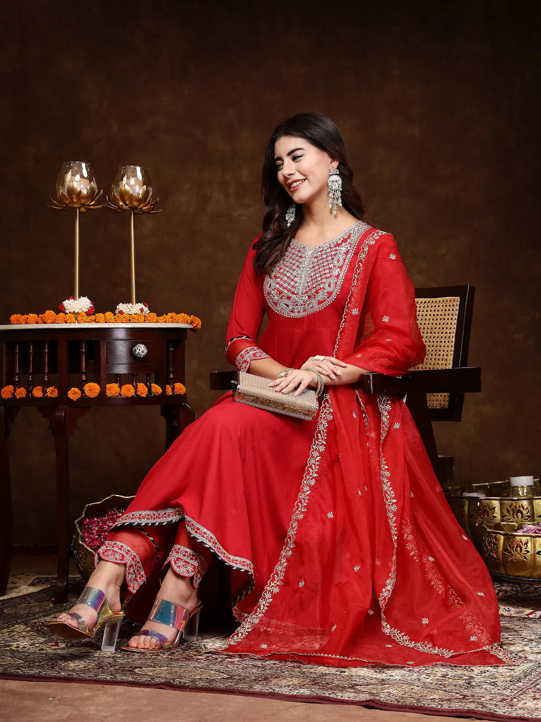 Red Embroidered Anarkali Kurta Set | Women's Indian Kurta Sets