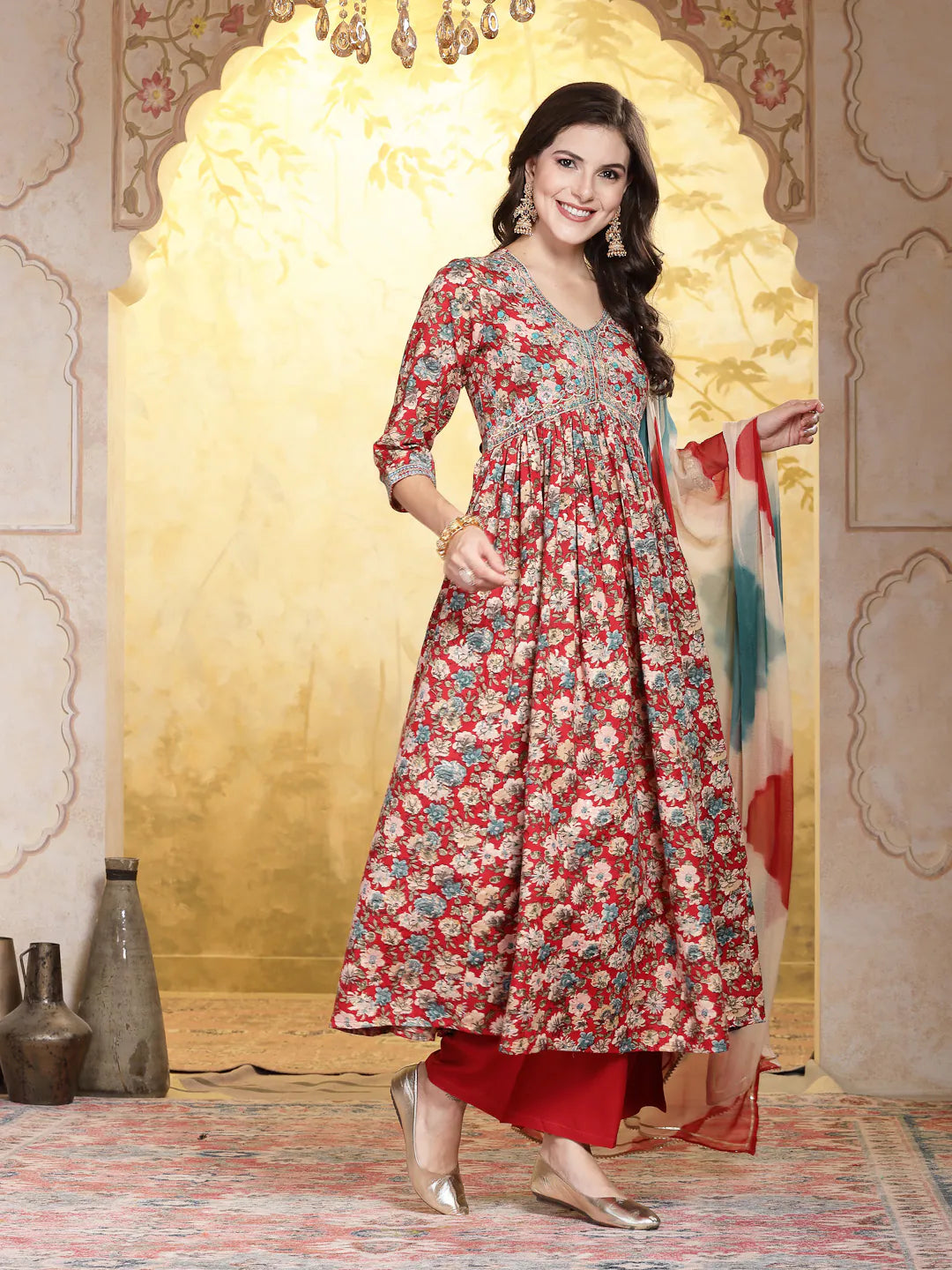 Red Floral Kurta Palazzo Set | Womenâ€™s Palazzo Sets Online
