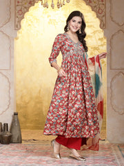 Women's Red Floral Printed & Embroidered Rayon Flared Kurta Palazzo Dupatta Set-KPDREDSWAN
