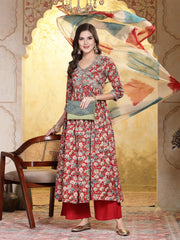 Women's Red Floral Printed & Embroidered Rayon Flared Kurta Palazzo Dupatta Set-KPDREDSWAN