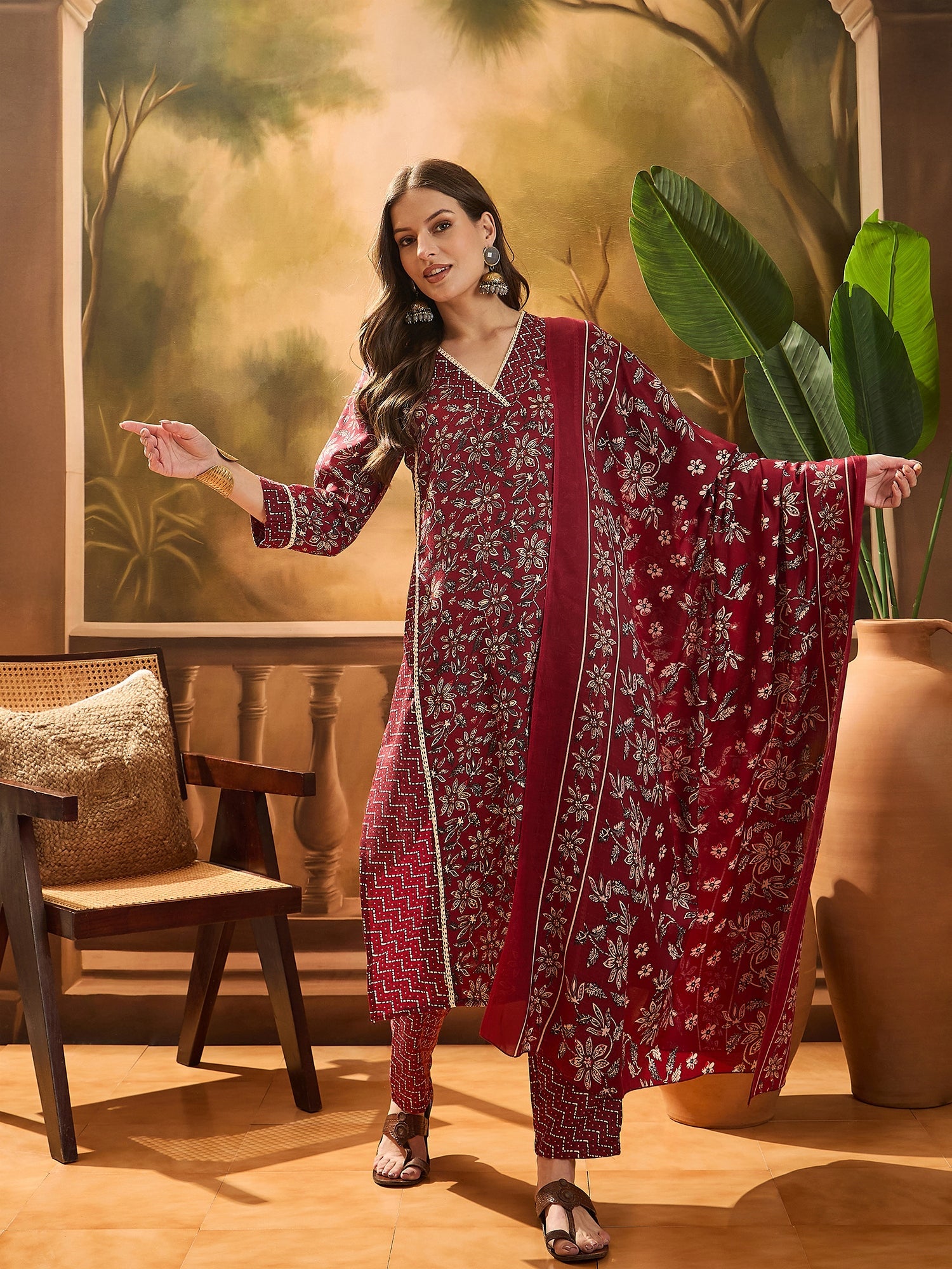 Women's Red Ethnic Printed Cotton Straight Kurta Pant Dupatta Set (KPD