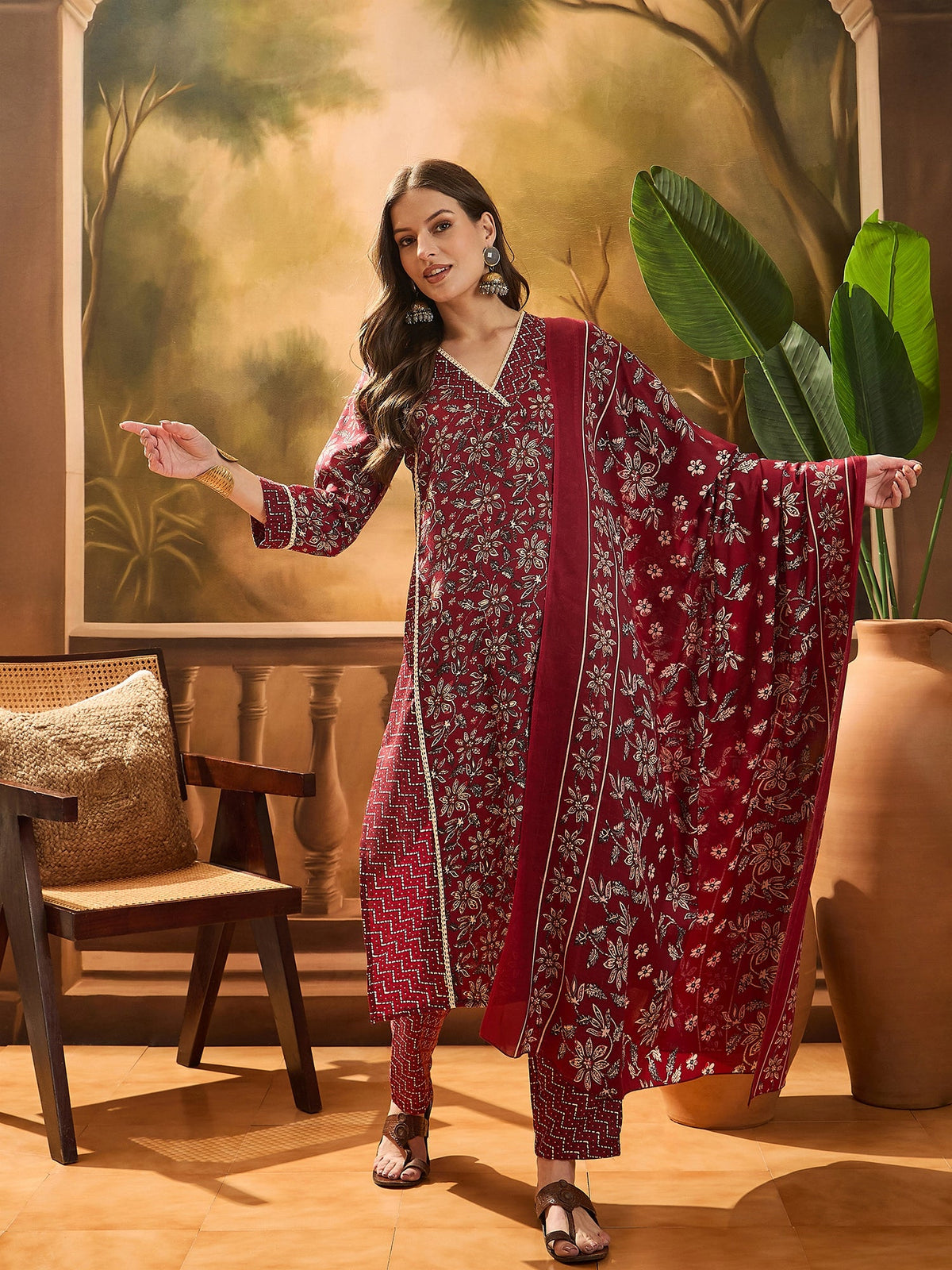 Stylum Women's Red Ethnic Printed Cotton Straight Kurta Pant Dupatta Set (KPDREDTIFNI)
