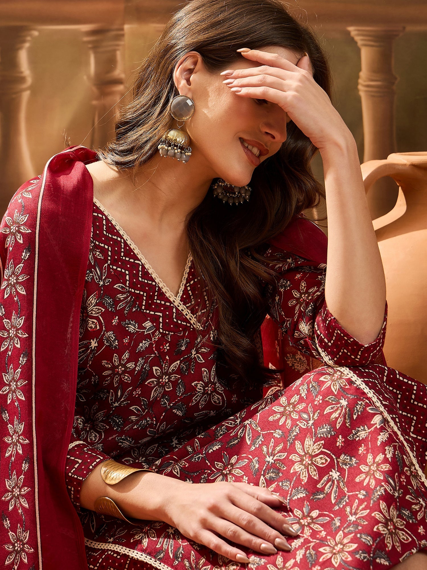 Women's Red Ethnic Printed Cotton Straight Kurta Pant Dupatta Set (KPD