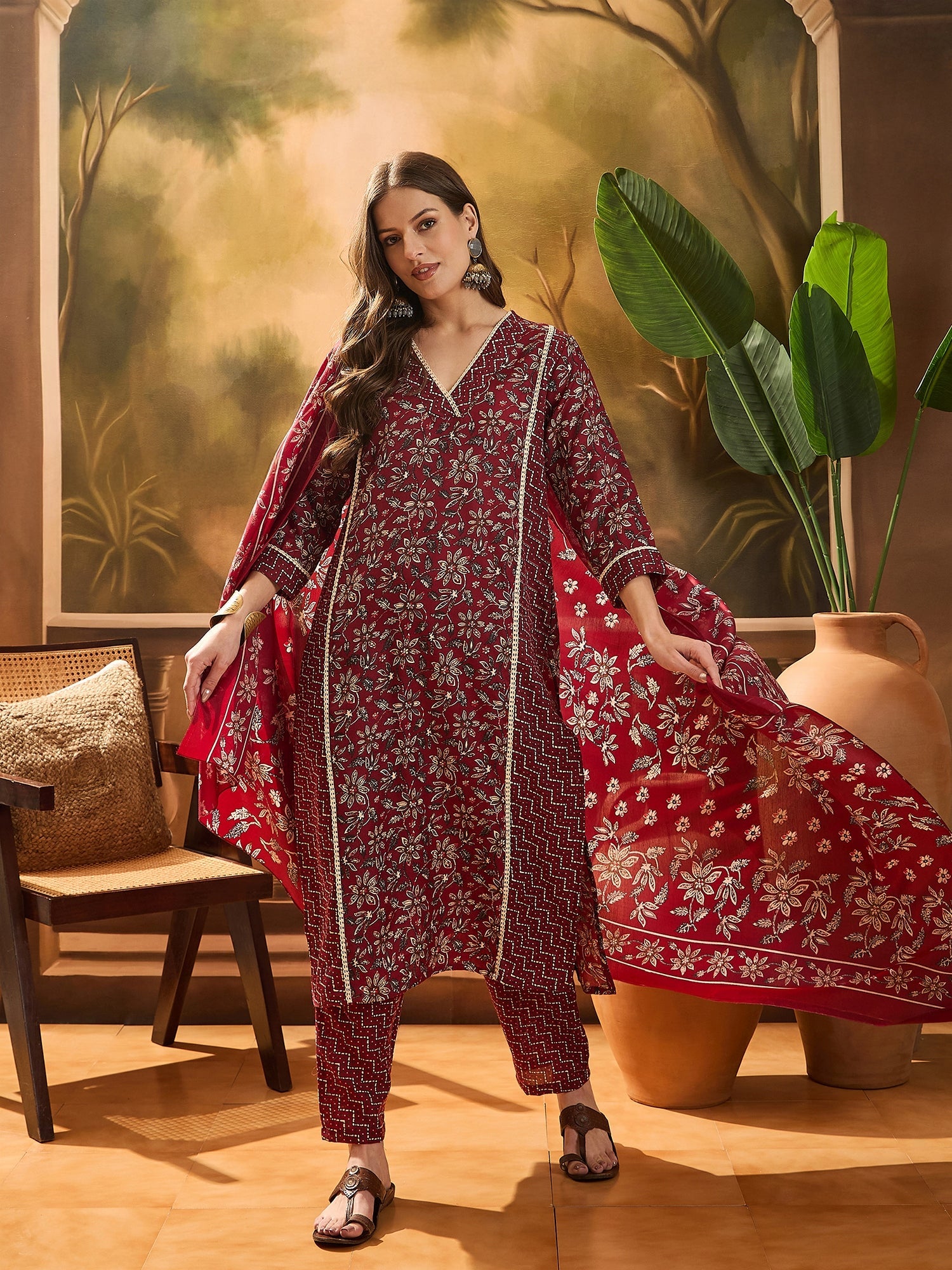 Women's Red Ethnic Printed Cotton Straight Kurta Pant Dupatta Set (KPD
