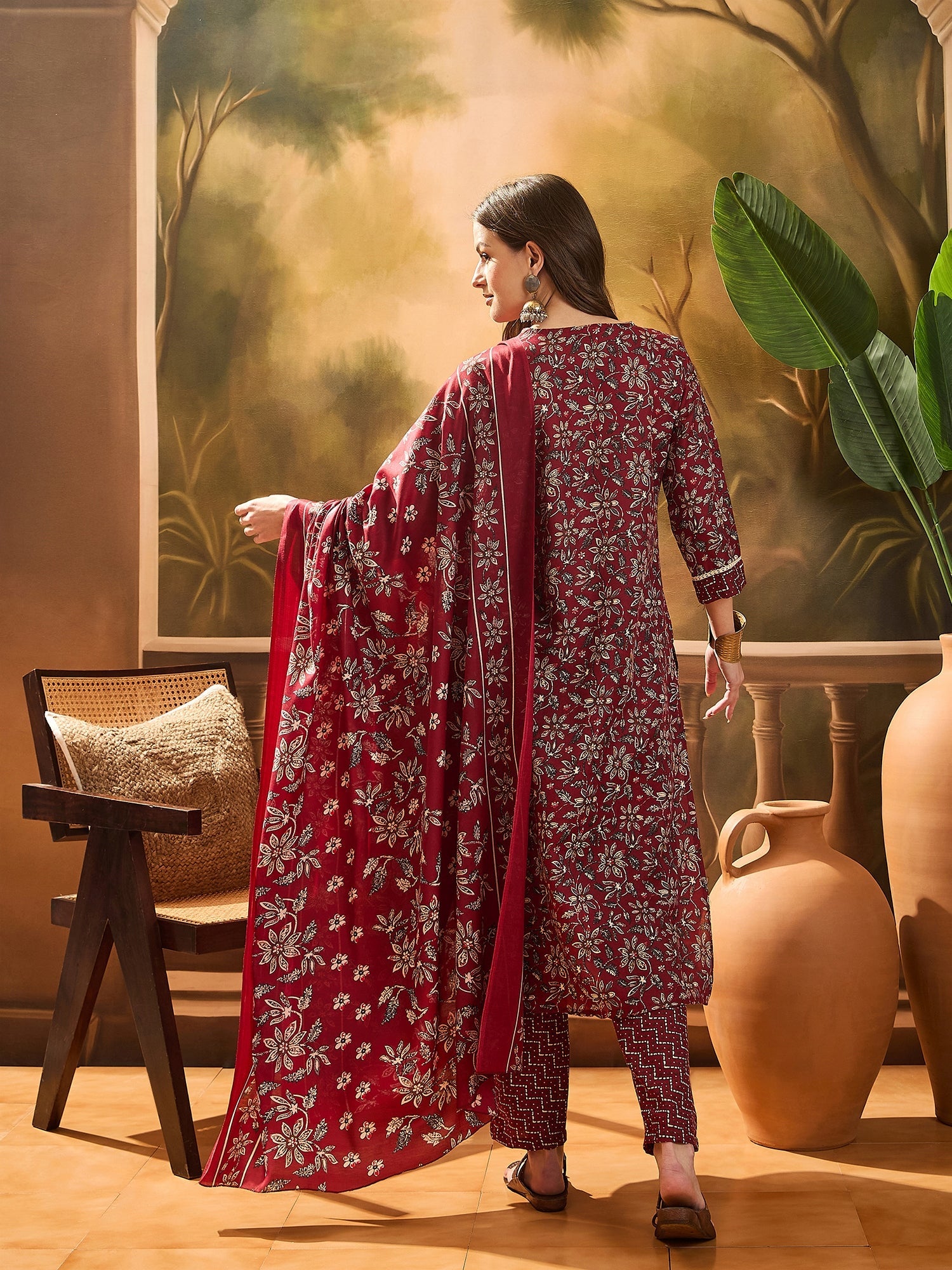 Women's Red Ethnic Printed Cotton Straight Kurta Pant Dupatta Set (KPD