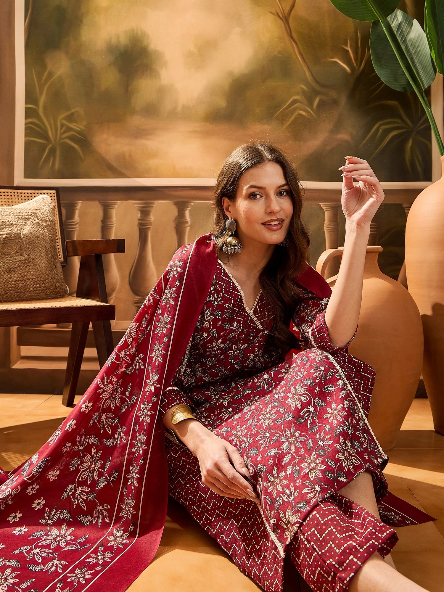 Women's Red Ethnic Printed Cotton Straight Kurta Pant Dupatta Set (KPD