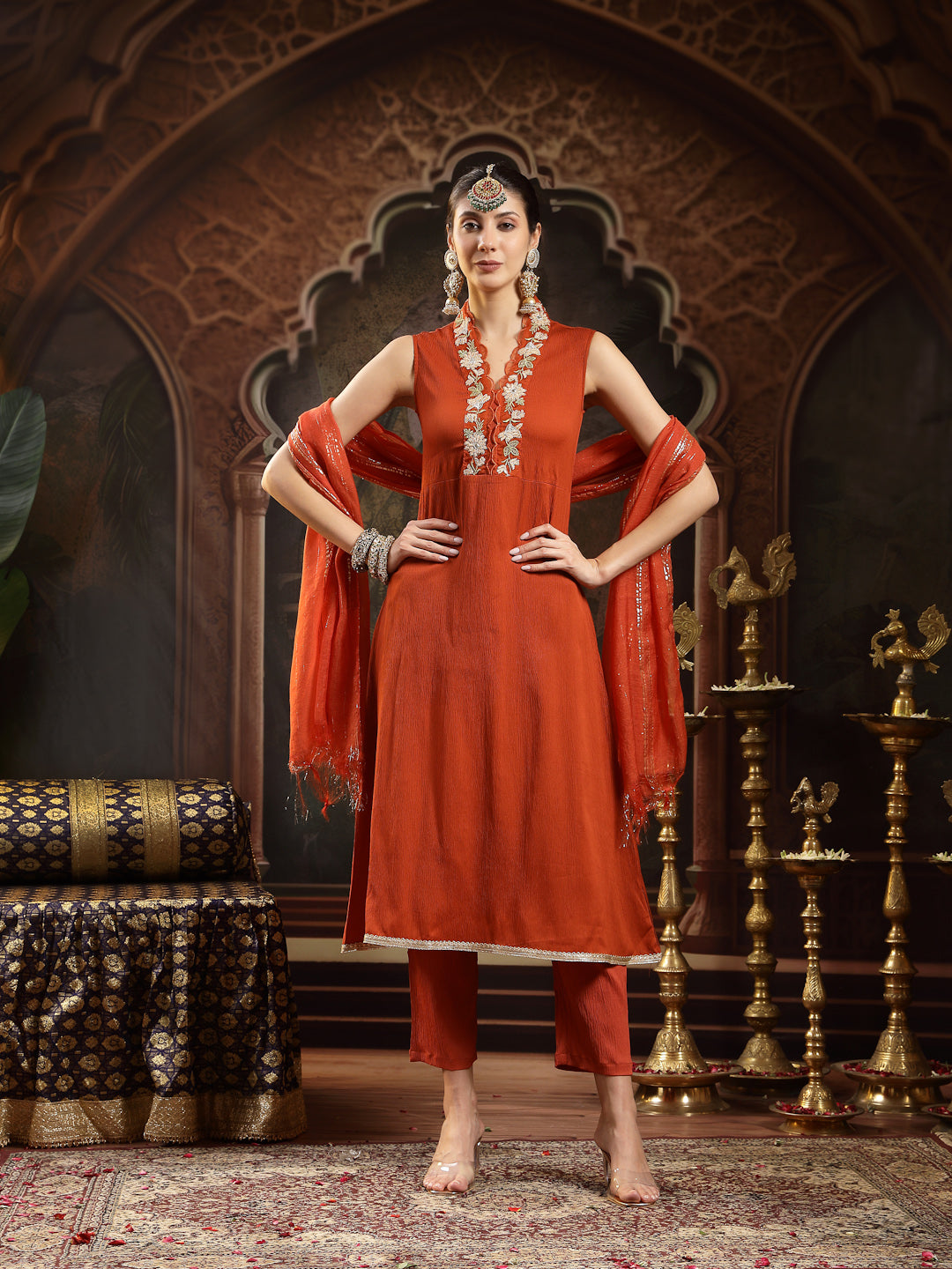 Women's Rust Solid & Embroidered Crepe A-Line Kurta Pant Dupatta Set (