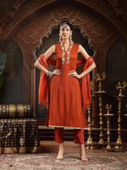 Stylum Women's Rust Solid & Embroidered Crepe A-Line Kurta Pant Dupatta Set (KPDRUSTAESTHIC)