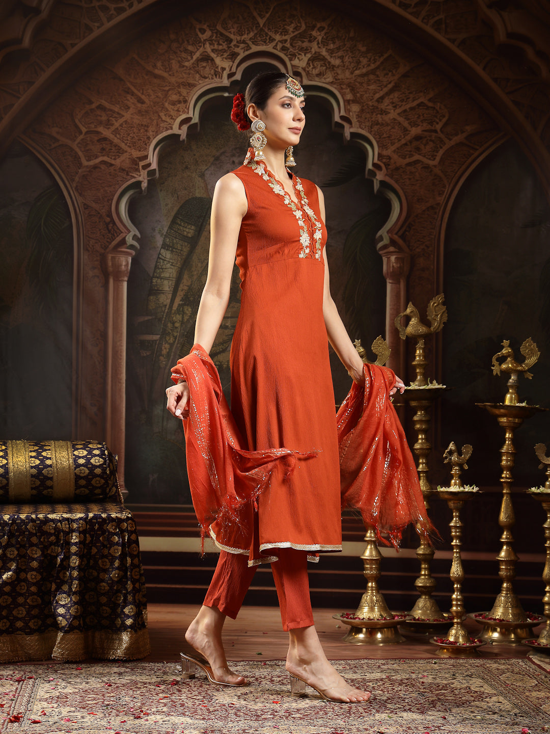 Women's Rust Solid & Embroidered Crepe A-Line Kurta Pant Dupatta Set (