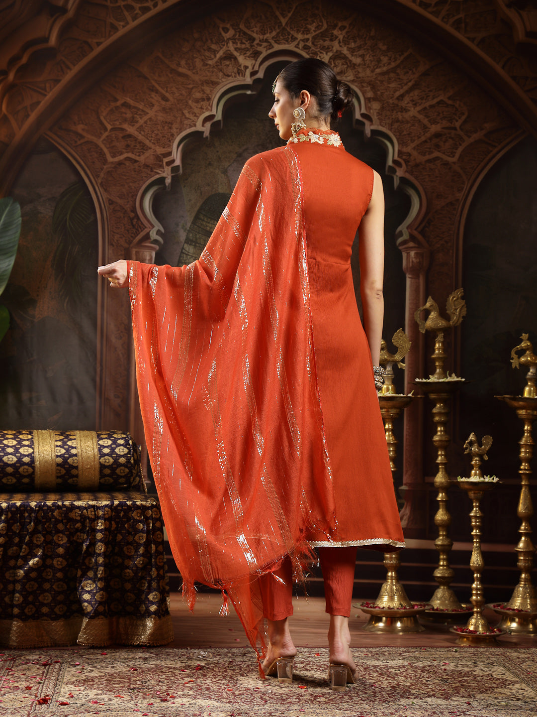 Women's Rust Solid & Embroidered Crepe A-Line Kurta Pant Dupatta Set (