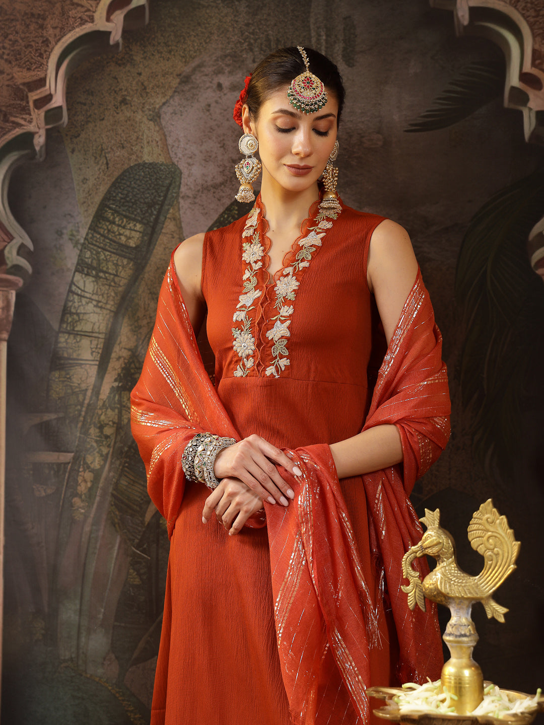 Women's Rust Solid & Embroidered Crepe A-Line Kurta Pant Dupatta Set (