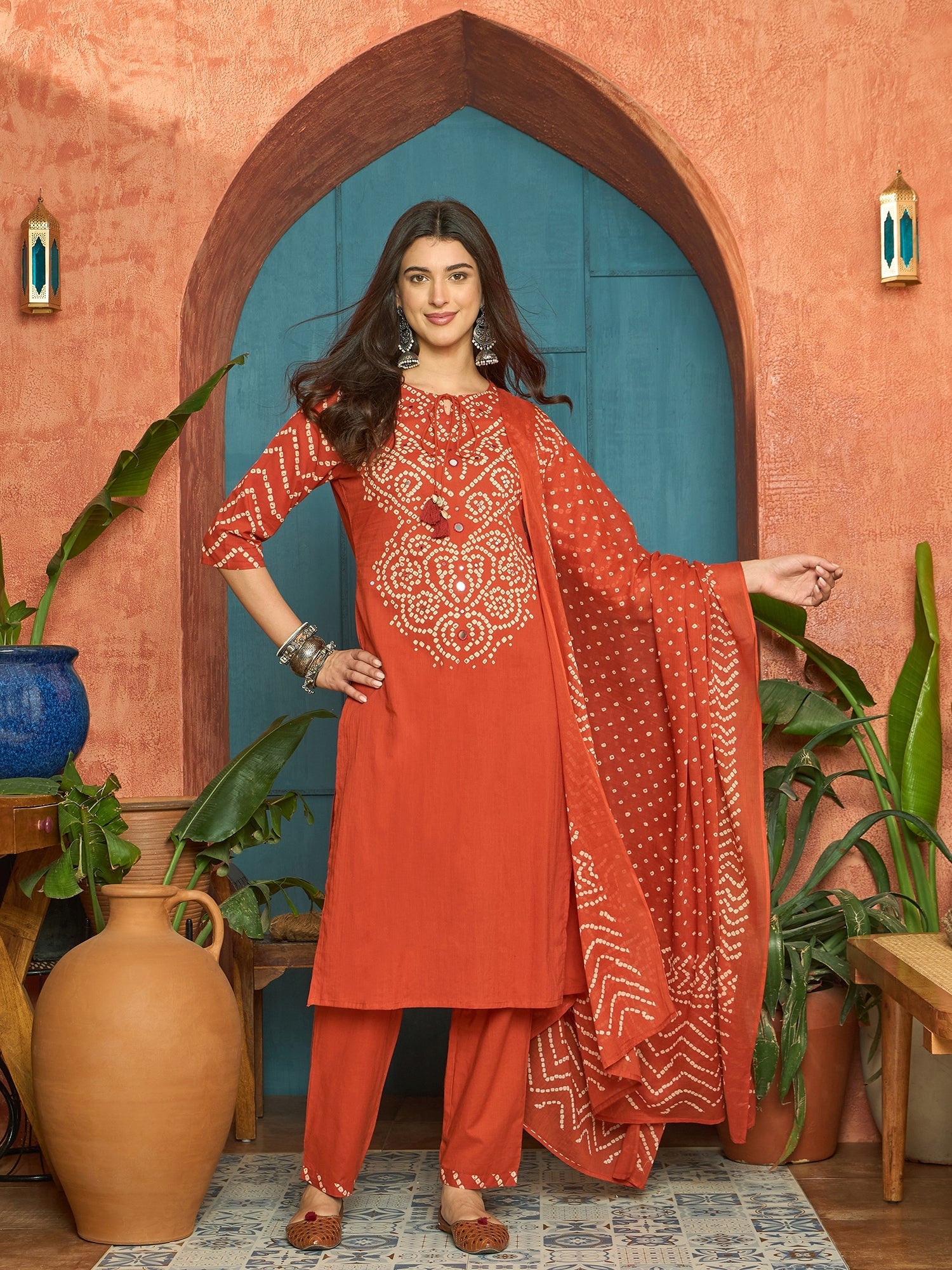 Women's Rust Bandhej Printed & Embroidered Cotton Straight Kurta Pant 