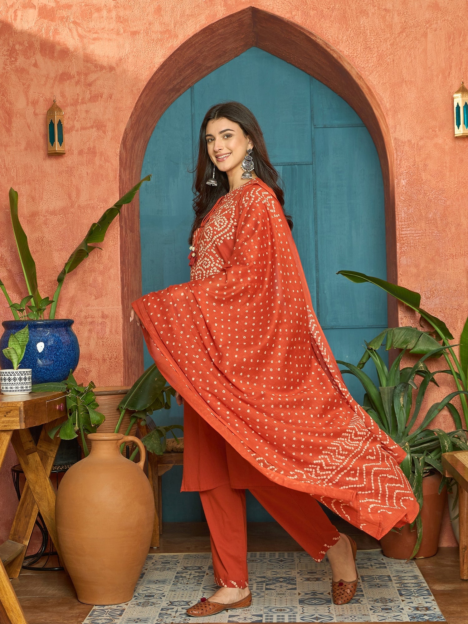 Women's Rust Bandhej Printed & Embroidered Cotton Straight Kurta Pant 