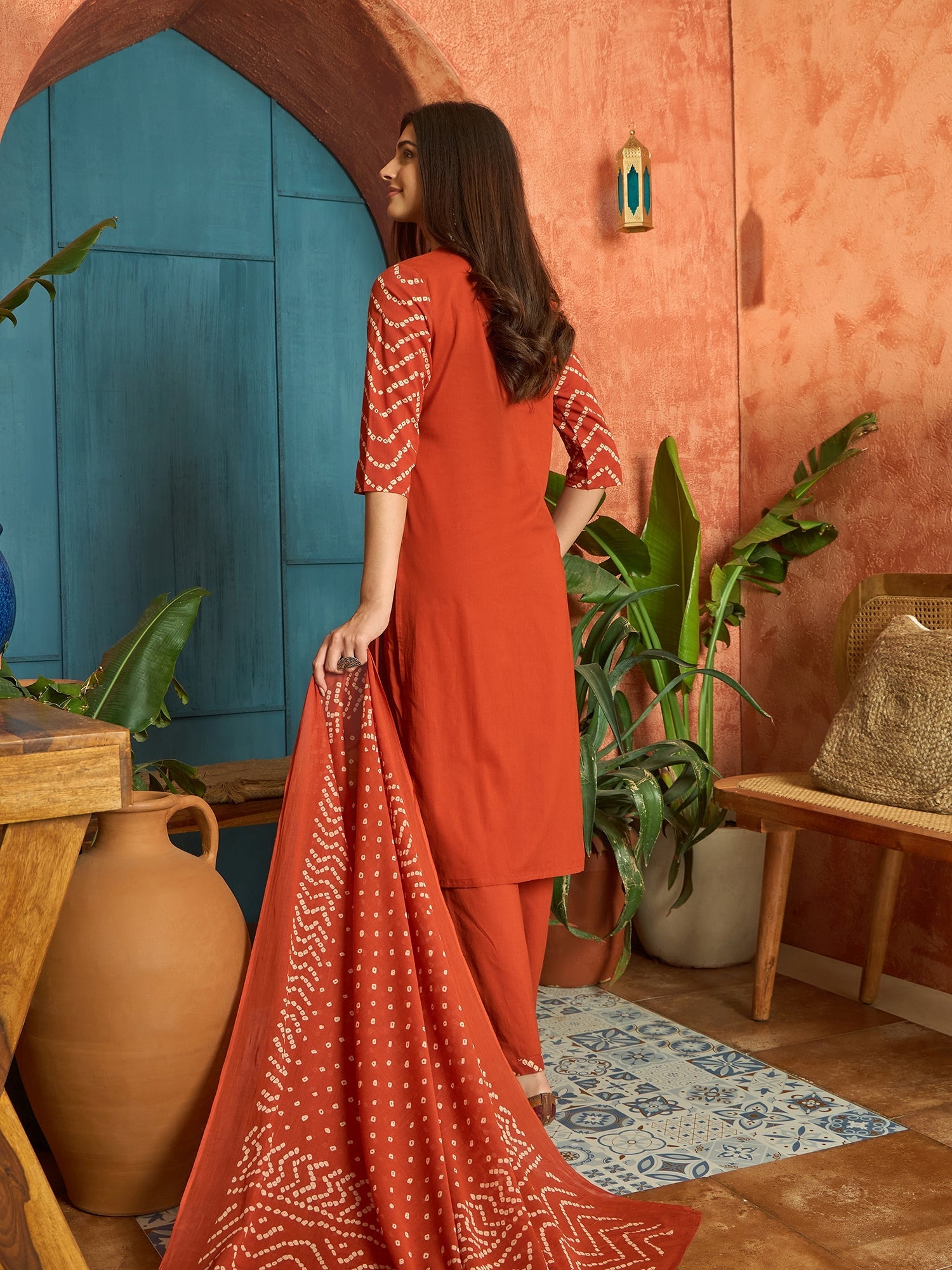 Women's Rust Bandhej Printed & Embroidered Cotton Straight Kurta Pant 