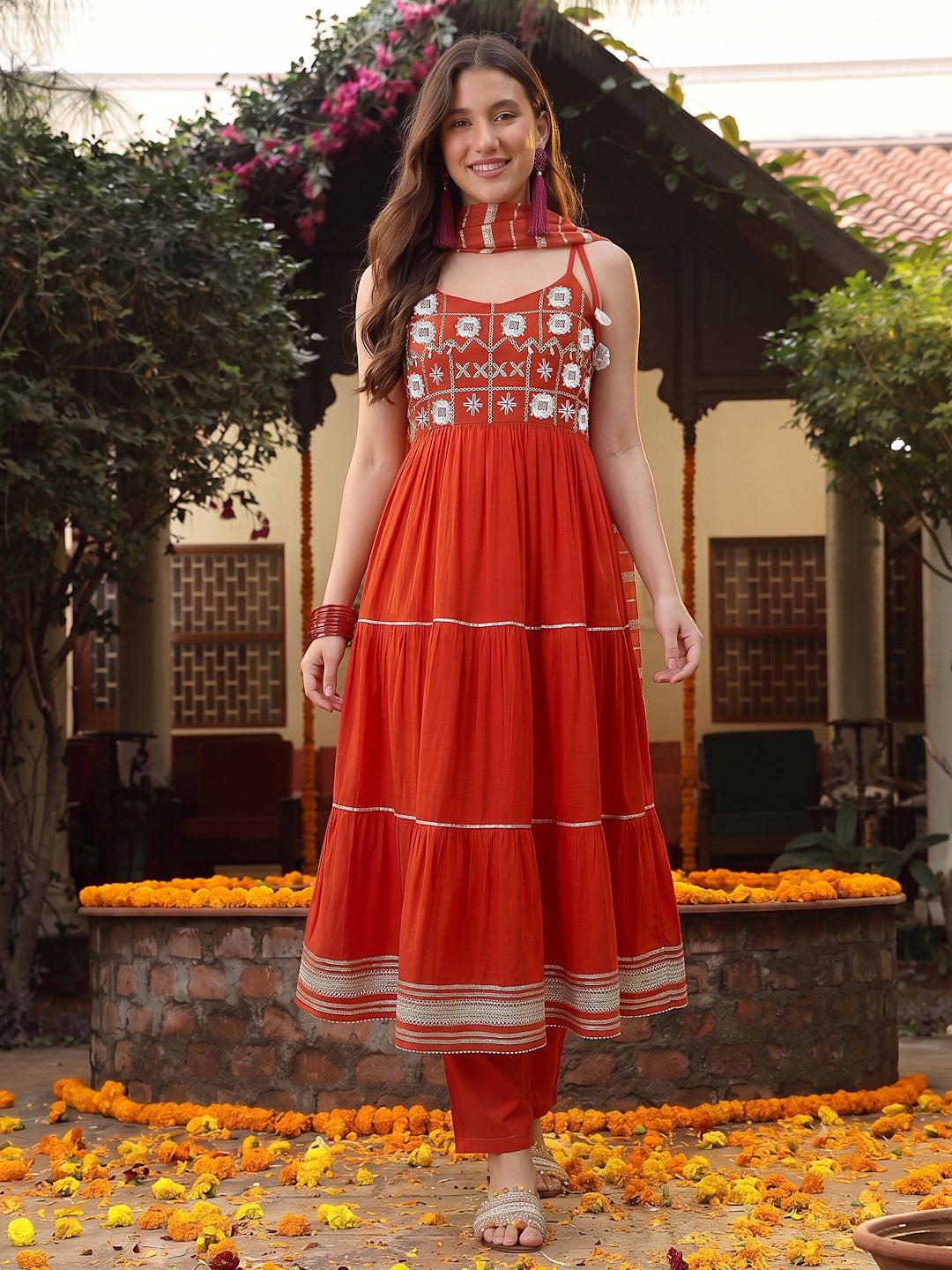 Women's Rust Solid & Embroidered Rayon Tiered Kurta Pant Dupatta Set (