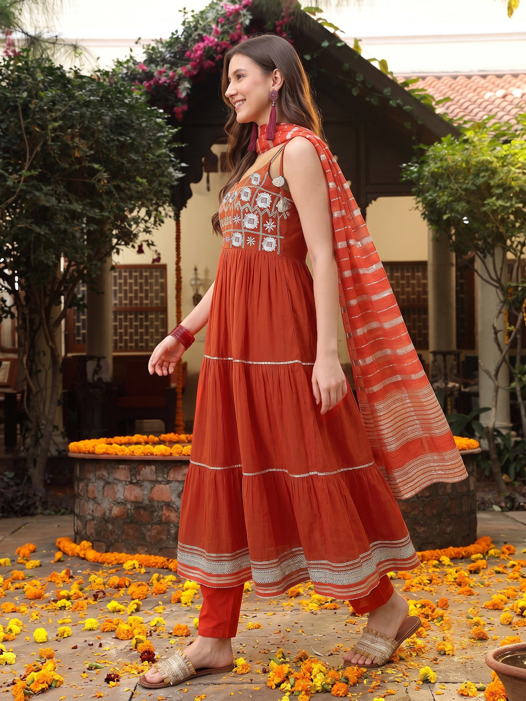 Women's Rust Solid & Embroidered Rayon Tiered Kurta Pant Dupatta Set (
