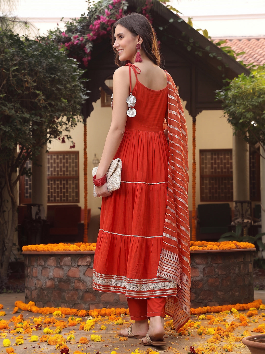 Women's Rust Solid & Embroidered Rayon Tiered Kurta Pant Dupatta Set (