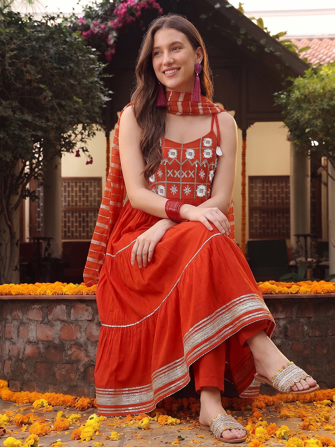 Women's Rust Solid & Embroidered Rayon Tiered Kurta Pant Dupatta Set (